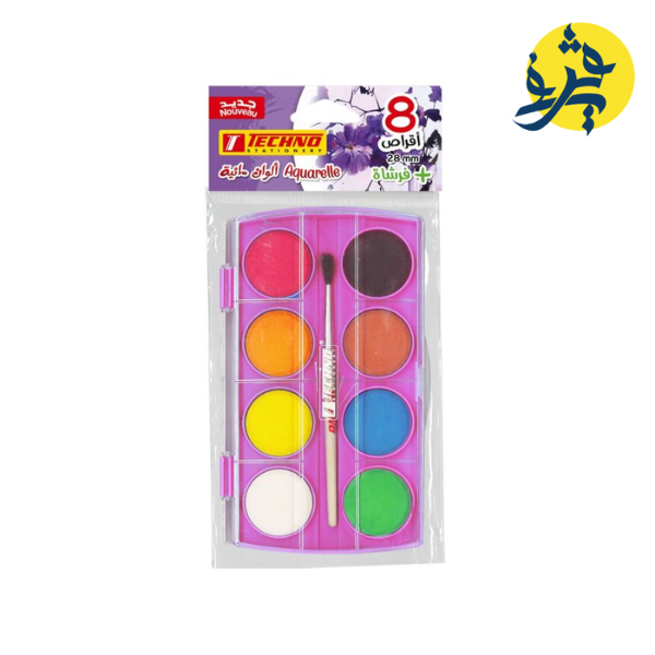 Aquarelle écolier 28mm 08 pastilles +pinceau - TECHNO REF.4405