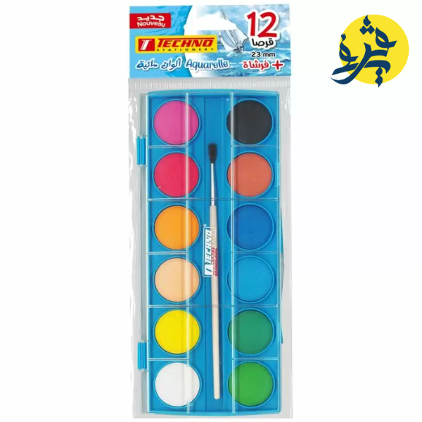 Aquarelle écolier 23mm 12 pastilles +pinceau - TECHNO REF.4406