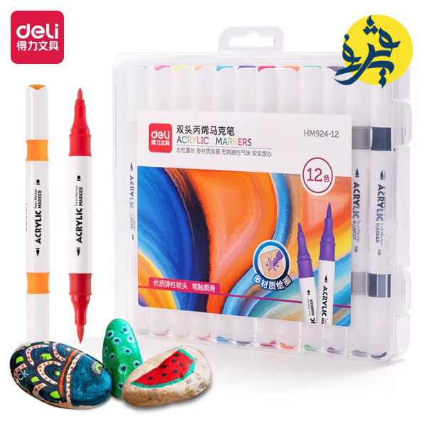 MARQUEUR ACRYLIQUE DOUBLE TETE BOITE DE 12 COULEURS "DELI" REF.HM924-12