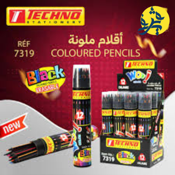 Crayons de couleu "WOW" BLACK de 12 pièces effaçable boite ronde - TECHNO