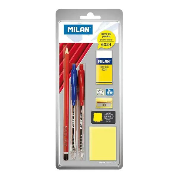 Blister stylo (bleu+rouge)+Crayon noir + Taille crayon + post it jaune MILAN - Guerfi Store